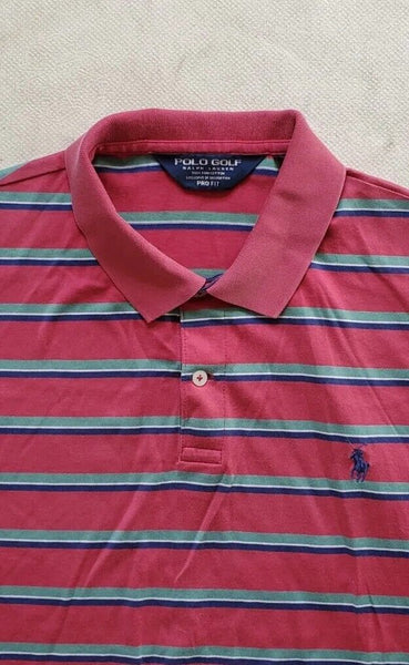 RALPH LAUREN Golf Polo Shirt Mens L Pink Pima Cotton Green Blue Stripes Pro Fit