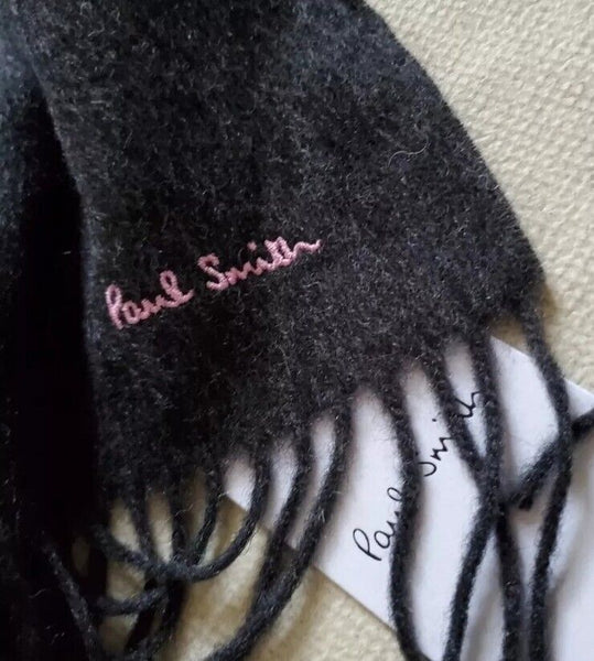 PAUL SMITH Scarf Mens Charcoal Grey Pure Lambswool Embroidered Logo Handmade UK