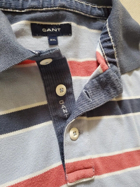 GANT Polo Shirt Mens XXL Blue Cotton Pink and White Stripes Regular Fit