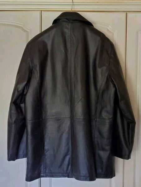 Mens Black Leather Jacket Field Coat XL Quilted Lining 1860 - New Never Worn