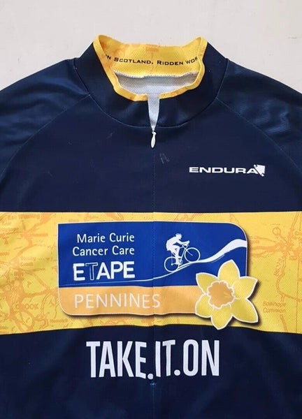 ENDURA Cycling Jersey Shirt Mens M  Marie Curie Pennine Run Blue Yellow Daffodil