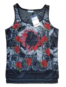 Designer Vest T Shirt Italian Bull and Roses Mens M Cotton Lycra Stretch