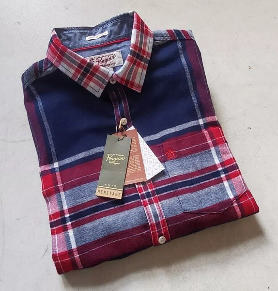 PENGUIN Shirt Mens M Heritage Slim Fit Flannel Red Blue Broad Check