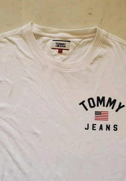 TOMMY HILFIGER T Shirt Tshirt Mens L White Cotton Spellout Logo Vintage 90s