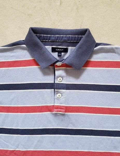 GANT Polo Shirt Mens XXL Blue Cotton Pink and White Stripes Regular Fit