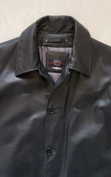 Mens Black Leather Jacket Field Coat XL Quilted Lining 1860 - New Never Worn