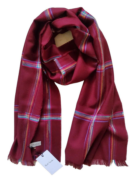 PAUL SMITH SCARF Mens Cashmere Wool Artist Check Burgundy Made in UK Rrp £165