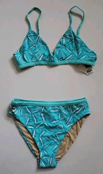 LACOSTE Bikini Swimsuit 2 Piece Size XS Turquoise Blue Floral New With Pouch