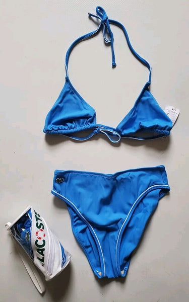 LACOSTE Bikini Swimsuit 2 Piece Halter Neck Size M Blue New With Pouch