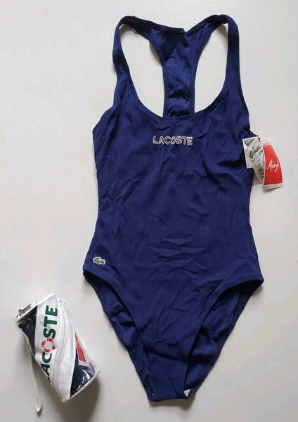 LACOSTE Swimsuit Swimming Costume 1 Piece Size XS Blue Spellout New With Pouch