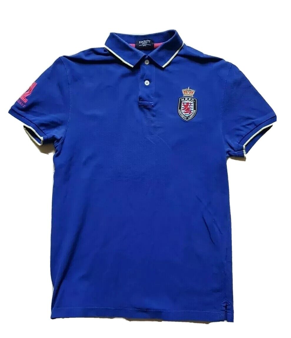 HACKETT Polo Shirt Mens S HRFC Crest Royal Blue Cotton No 1 Authentic