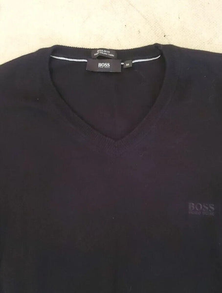 HUGO BOSS Jumper Pullover Mens M Black Italian Fine Knit Cotton V Neck Regular