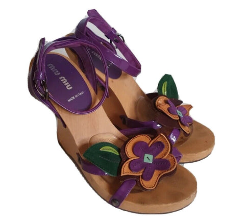 Miu Miu Sandals Shoes Wedges UK 5.5 EU 38.5 Flower Purple Patent Leather Italy