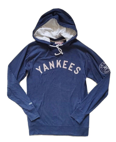 NEW YORK YANKEES HOODIE PULLOVER SWEATSHIRT Mens S MITCHELL AND NESS BLUE WHITE