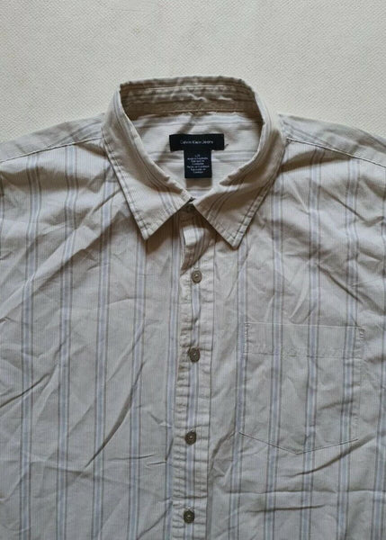 CALVIN KLEIN SHIRT Mens L Short Sleeved Striped Blue and Beige