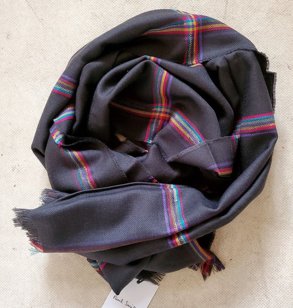 PAUL SMITH Pashmina Scarf Shawl Grey Check Cashmere Wool Made in UK Rrp £189