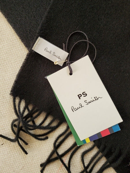 PAUL SMITH SCARF Mens Black Lambswool Grey Embroidered Logo Handmade UK Rp £120