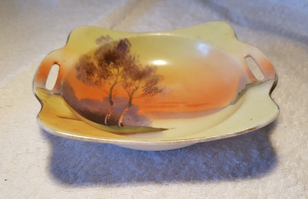 Japanese NORITAKE two handle small dish lakeside view Hand Painter