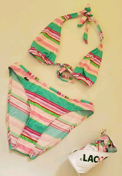 LACOSTE Bikini Swimsuit 2 Piece Halter Neck Size S Striped New With Pouch