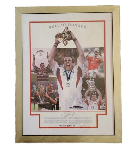 Signed Martin Johnson England Rugby Union 2003 World Cup Poster Certified Framed