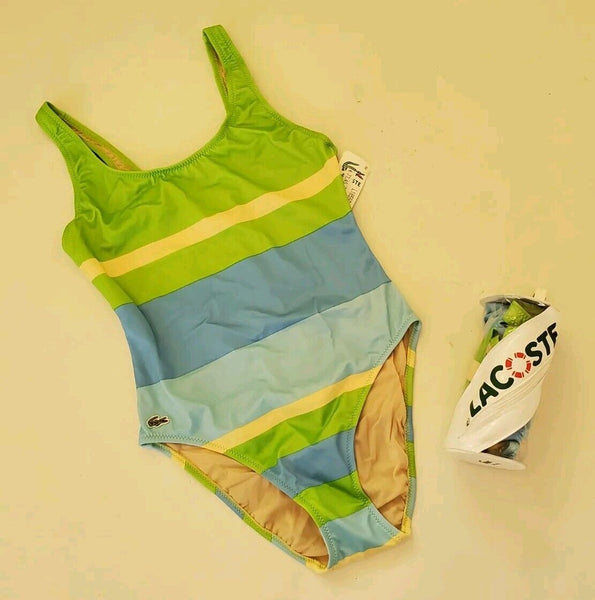 LACOSTE Swimsuit Swimming Costume 1 Piece Size XS Blue Green New With Pouch