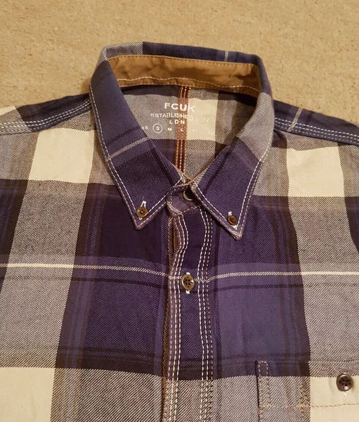 FRENCH CONNECTION SHIRT FCUK Mens S Navy Plaid Check Flannel RRP £40