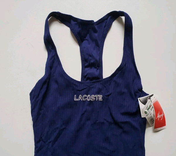 LACOSTE Swimsuit Swimming Costume 1 Piece Size XS Blue Spellout New With Pouch