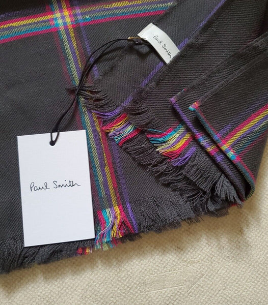 PAUL SMITH Pashmina Scarf Shawl Grey Check Cashmere Wool Made in UK Rrp £189