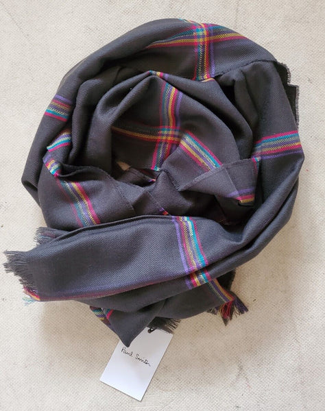 PAUL SMITH Pashmina Scarf Shawl Grey Check Cashmere Wool Made in UK Rrp £189