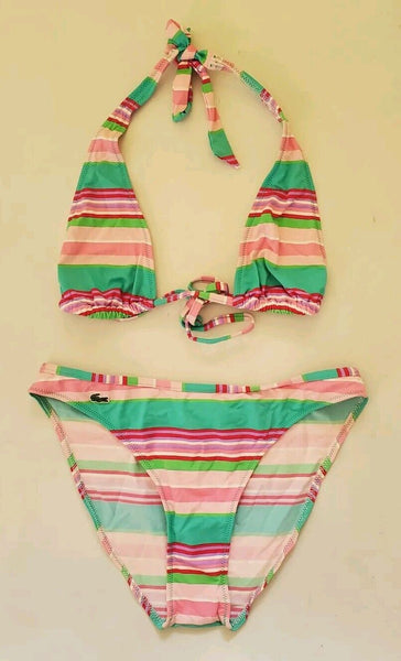 LACOSTE Bikini Swimsuit 2 Piece Halter Neck Size S Striped New With Pouch