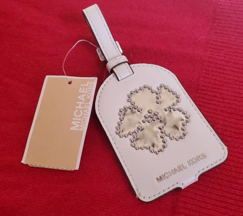 MICHAEL KORS LUGGAGE TAG White Leather Metal Hammered Flower New With Tags