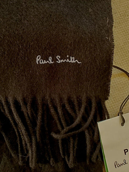 PAUL SMITH SCARF Mens Black Lambswool Grey Embroidered Logo Handmade UK Rp £120