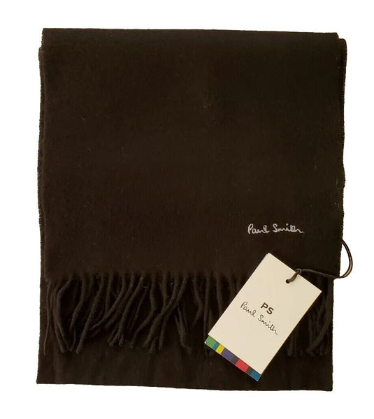 PAUL SMITH SCARF Mens Black Lambswool Grey Embroidered Logo Handmade UK Rp £120