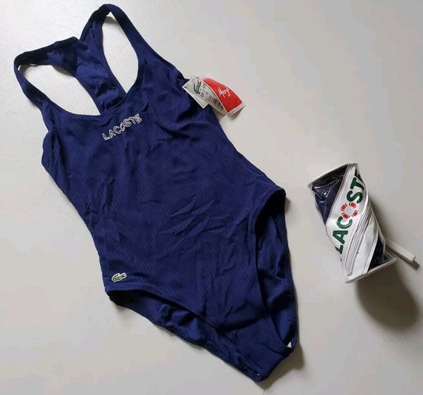 LACOSTE Swimsuit Swimming Costume 1 Piece Size XS Blue Spellout New With Pouch