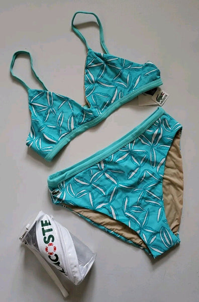 LACOSTE Bikini Swimsuit 2 Piece Size 12 Turquoise Blue Floral New With Pouch