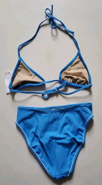 LACOSTE Bikini Swimsuit 2 Piece Halter Neck Size M Blue New With Pouch