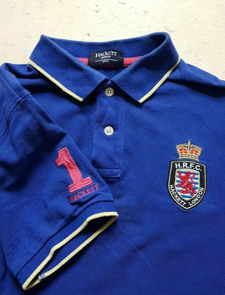 HACKETT Polo Shirt Mens S HRFC Crest Royal Blue Cotton No 1 Authentic