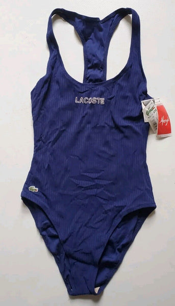 LACOSTE Swimsuit Swimming Costume 1 Piece Size XS Blue Spellout New With Pouch