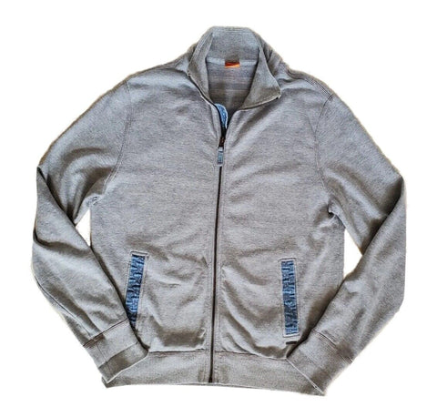 HUGO BOSS TRACKSUIT TOP Mens M PALE GREY COTTON DENIM TRIM was £155