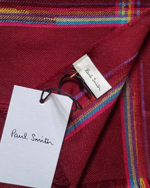 PAUL SMITH SCARF Mens Cashmere Wool Artist Check Burgundy Made in UK Rrp £165