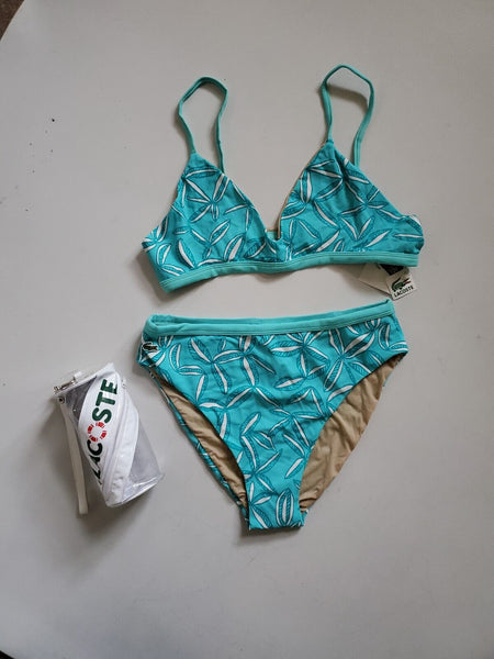 LACOSTE Bikini Swimsuit 2 Piece Size 12 Turquoise Blue Floral New With Pouch