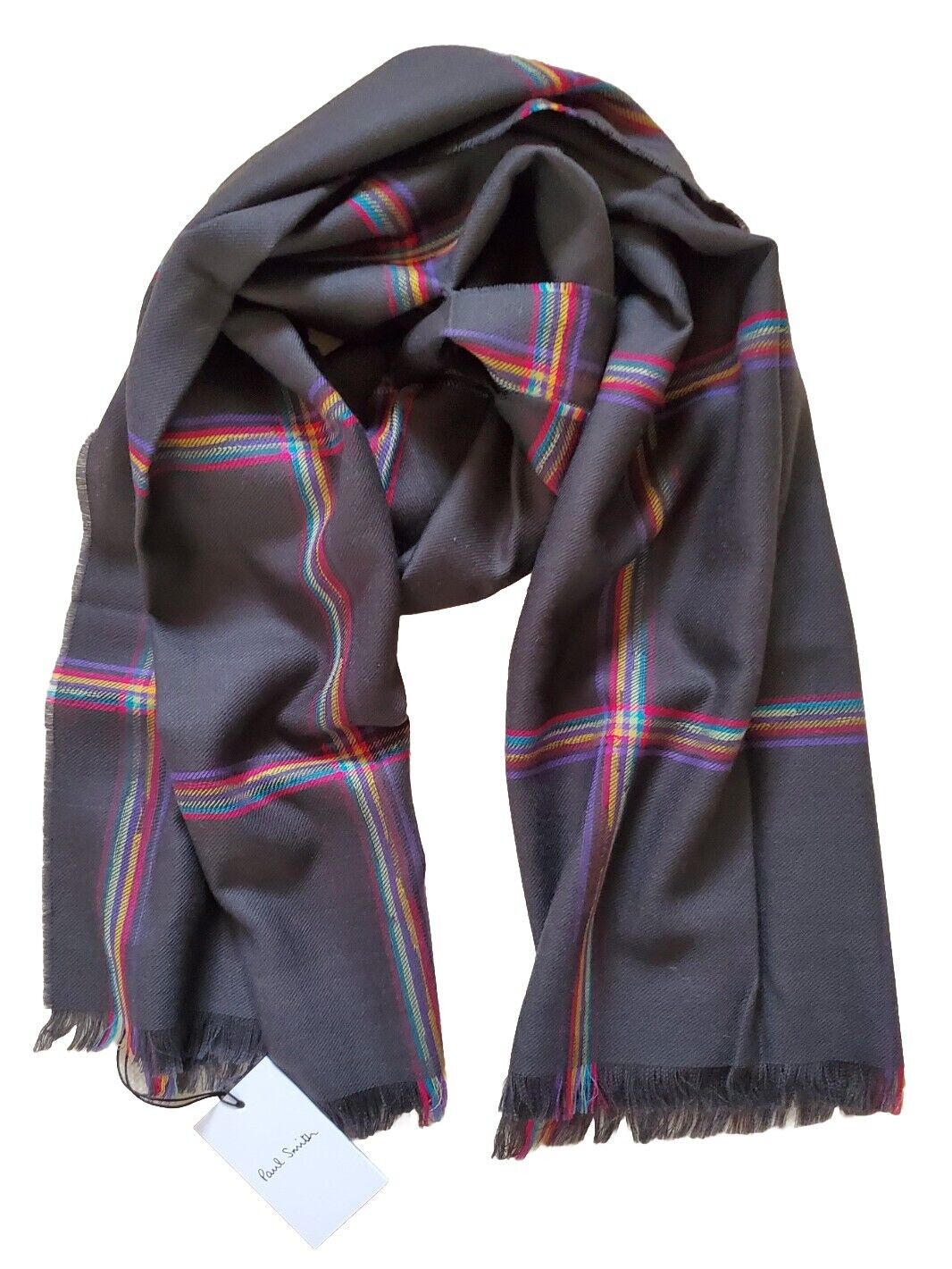 PAUL SMITH Pashmina Scarf Shawl Grey Check Cashmere Wool Made in UK Rrp £189