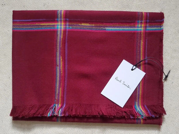 PAUL SMITH SCARF Mens Cashmere Wool Artist Check Burgundy Made in UK Rrp £165