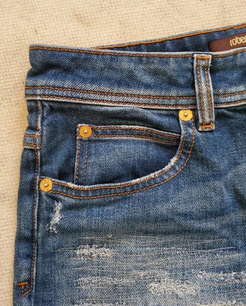 ROBERTO CAVALLI JEANS Womens W 28 L 30 Blue Denim Distressed Skinny Fit Stretch