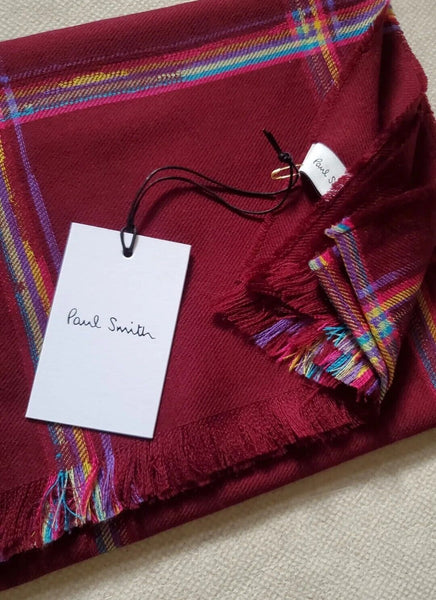 PAUL SMITH SCARF Mens Cashmere Wool Artist Check Burgundy Made in UK Rrp £165