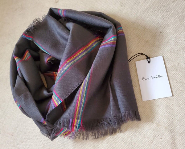 PAUL SMITH Pashmina Scarf Shawl Grey Check Cashmere Wool Made in UK Rrp £189