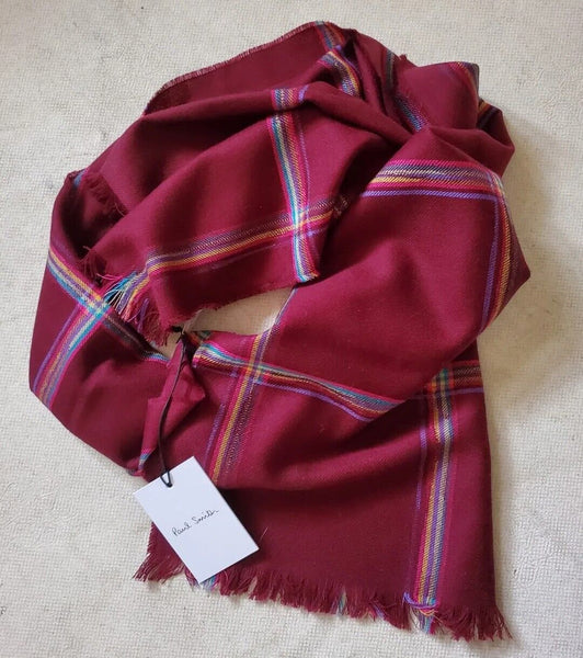 PAUL SMITH SCARF Mens Cashmere Wool Artist Check Burgundy Made in UK Rrp £165