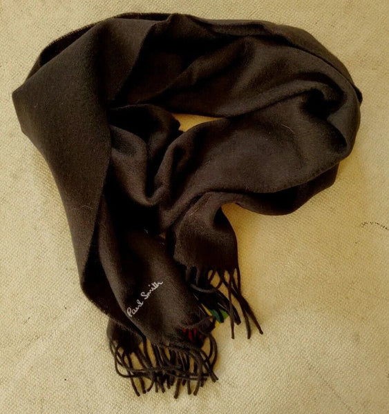 PAUL SMITH SCARF Mens Black Lambswool Grey Embroidered Logo Handmade UK Rp £120