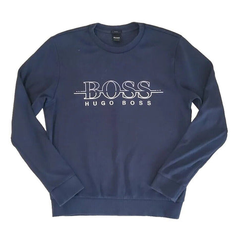 HUGO BOSS Salbo Sweatshirt Mens S Navy Blue Jersey Slim Fit Spellout Logo