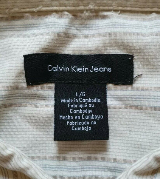 CALVIN KLEIN SHIRT Mens L Short Sleeved Striped Blue and Beige